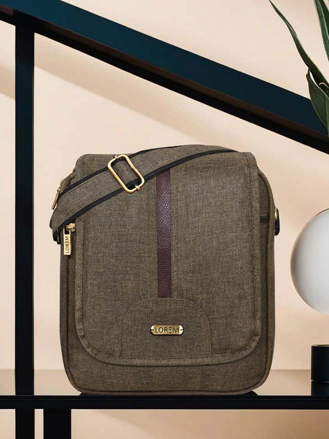 

LOREM Men Oversized Structured Sling Bag with Tasselled, Khaki