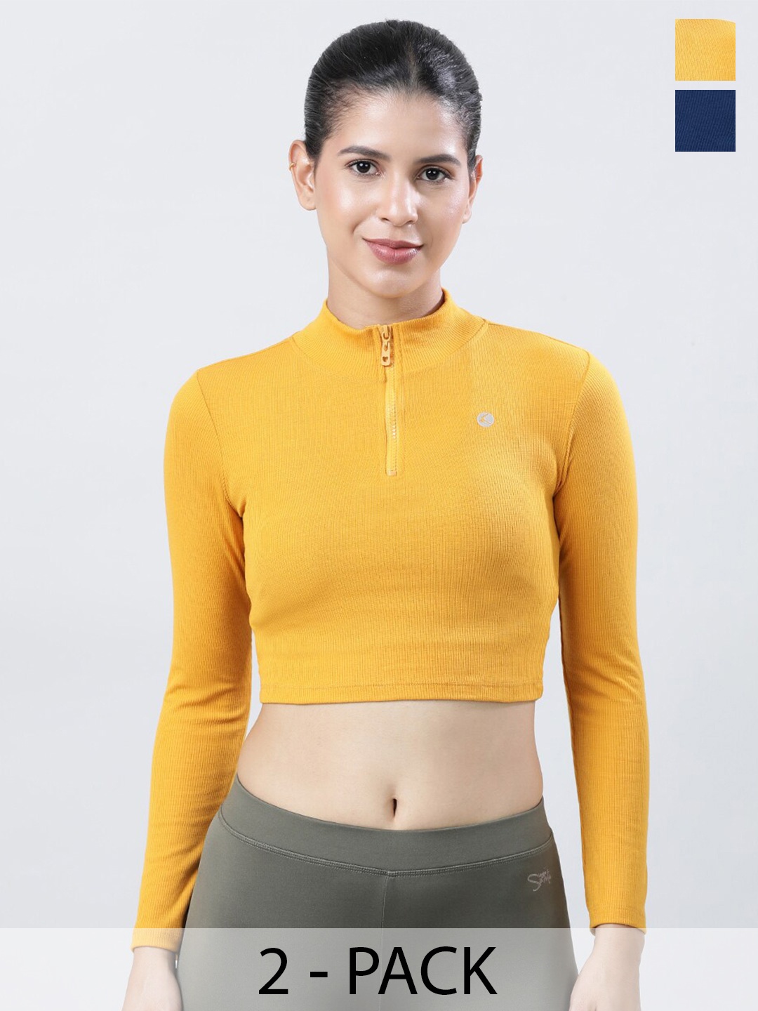 

Lovable Sport Pack Of 2 Solid Knits High Neck Crop Top, Mustard