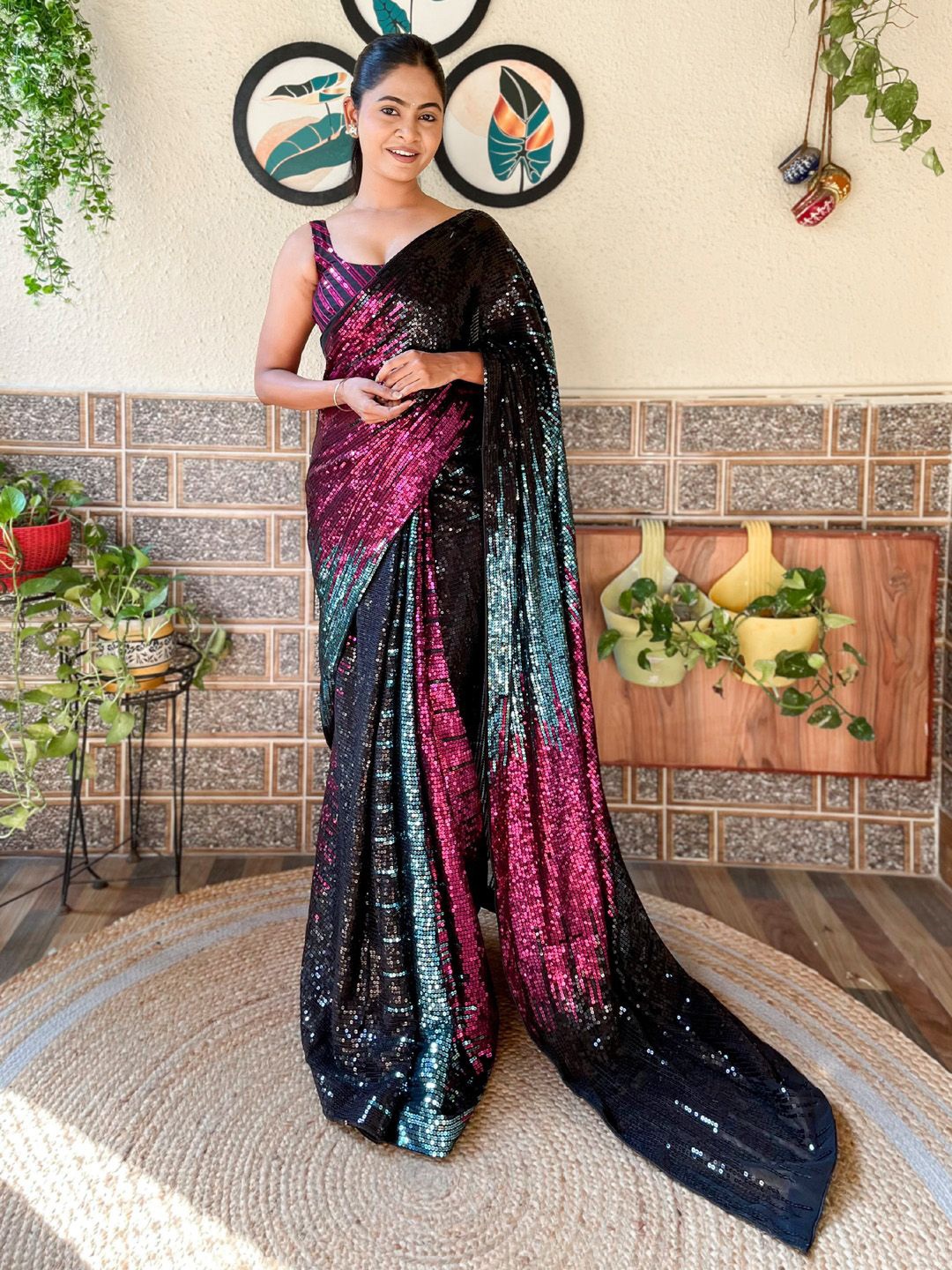 

Mitera Embellished Sequinned Saree, Black