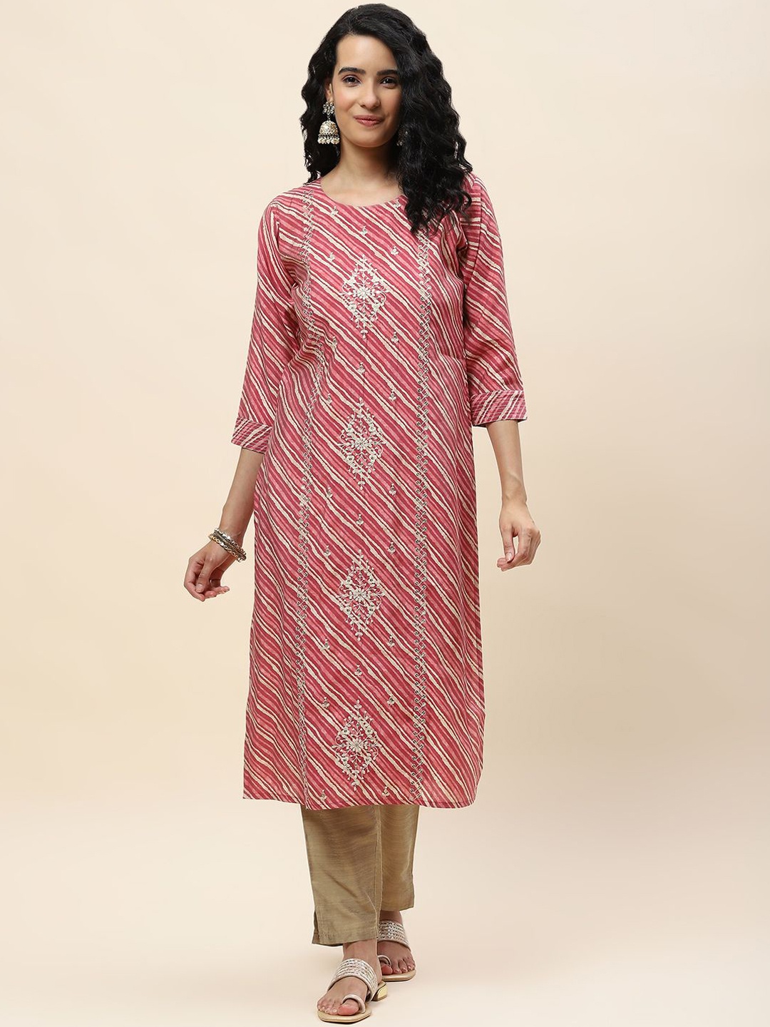 

Meena Bazaar Leheriya Printed Art Silk Sequins A-Line Kurta, Pink