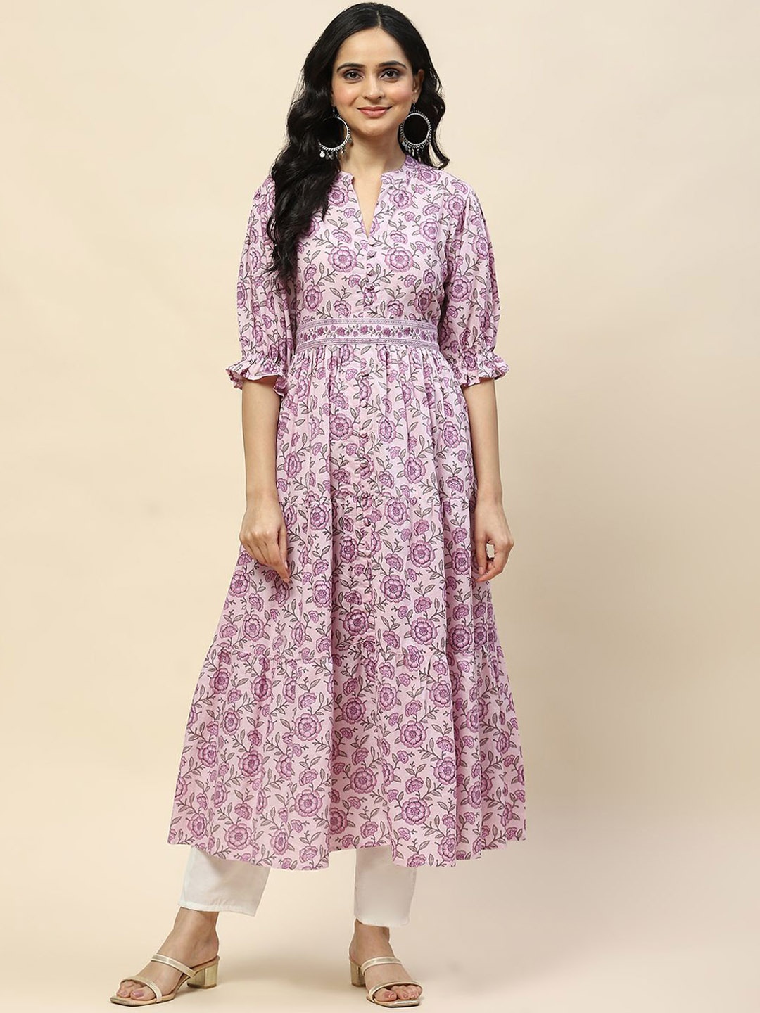

Meena Bazaar Floral Printed Mandarin Collar Cotton Thread Work Anarkali Kurta, Purple