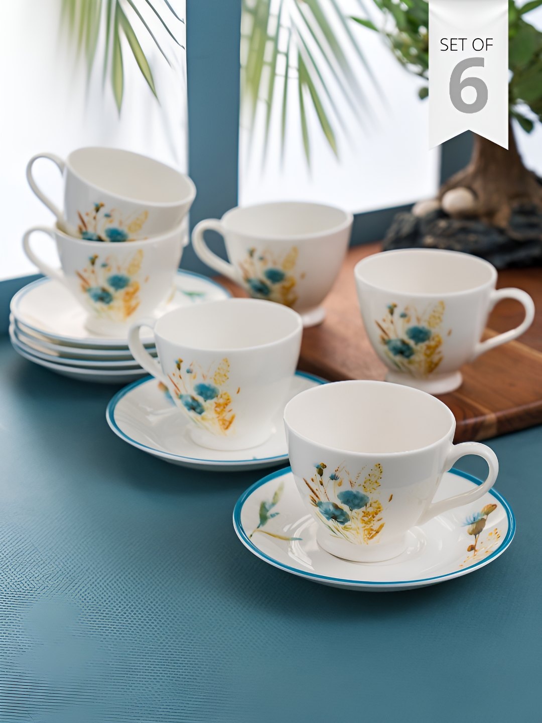 

CLAY CRAFT White & Blue 12 Pieces Printed Ceramic Cups and Saucers
