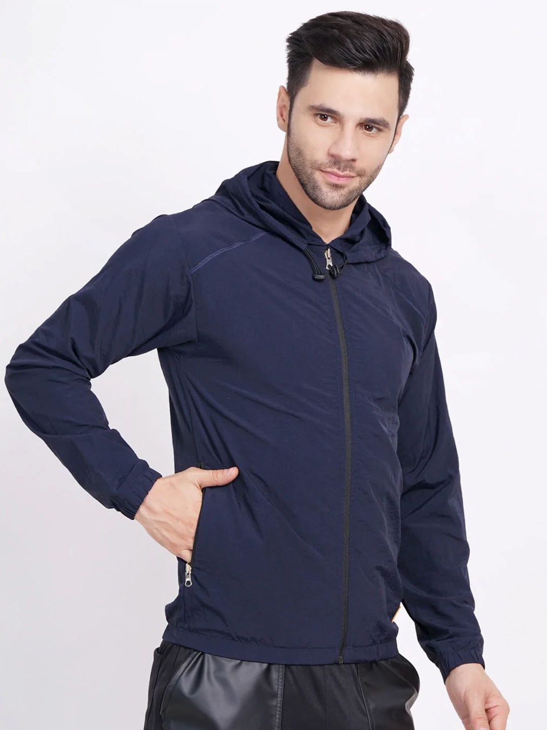 

Raxedo Men Solid Dry Fit Windcheater Hooded Jacket, Navy blue