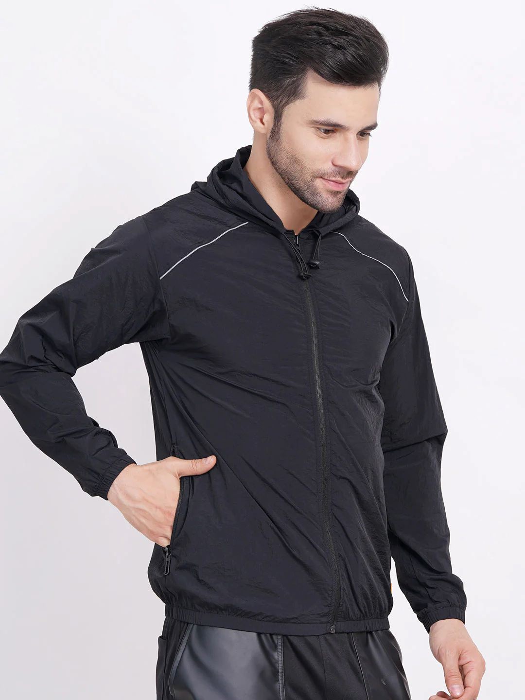 

Raxedo Men Solid Dry Fit Windcheater Hooded Jacket, Black