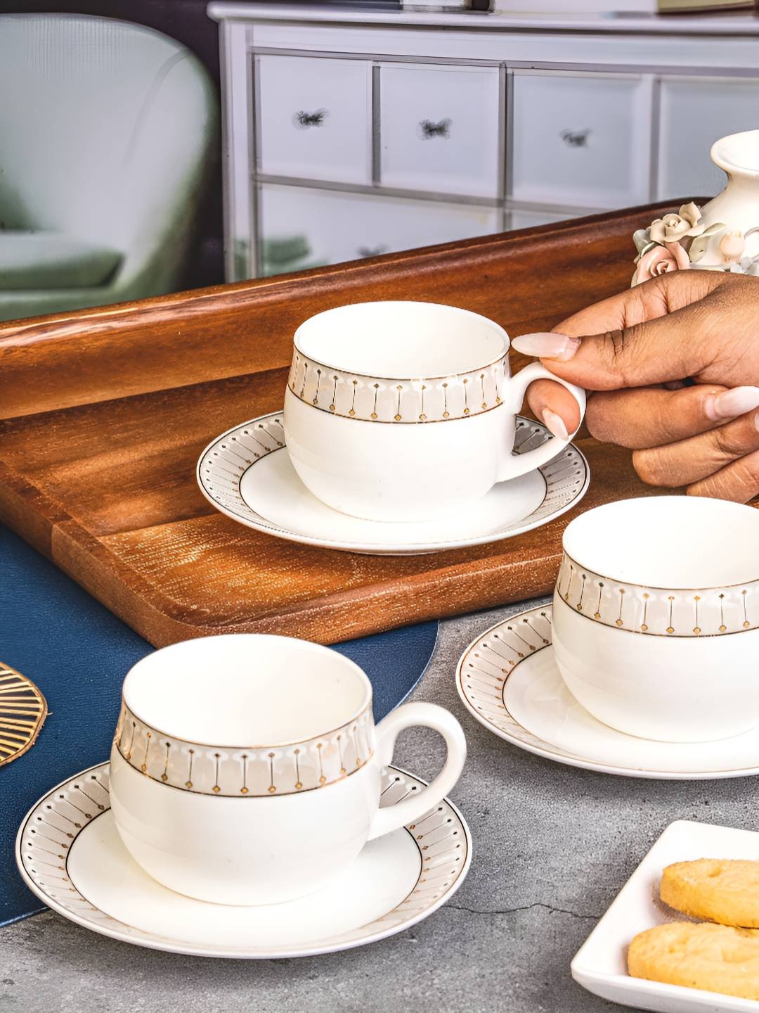

White Gold White & Gold Toned 12 Pieces Printed Dishwasher Safe Glossy Cup & Saucers