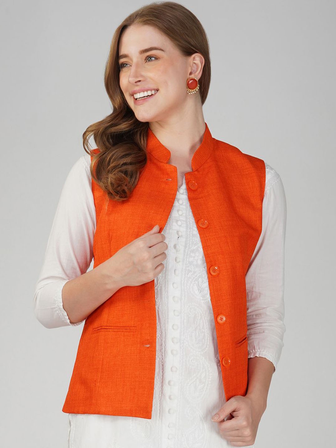 

KALINI Pure Cotton Woven Nehru Jackets, Orange