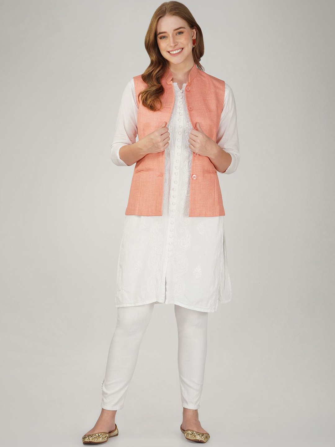 

KALINI Pure Cotton Woven Nehru Jacket, Pink