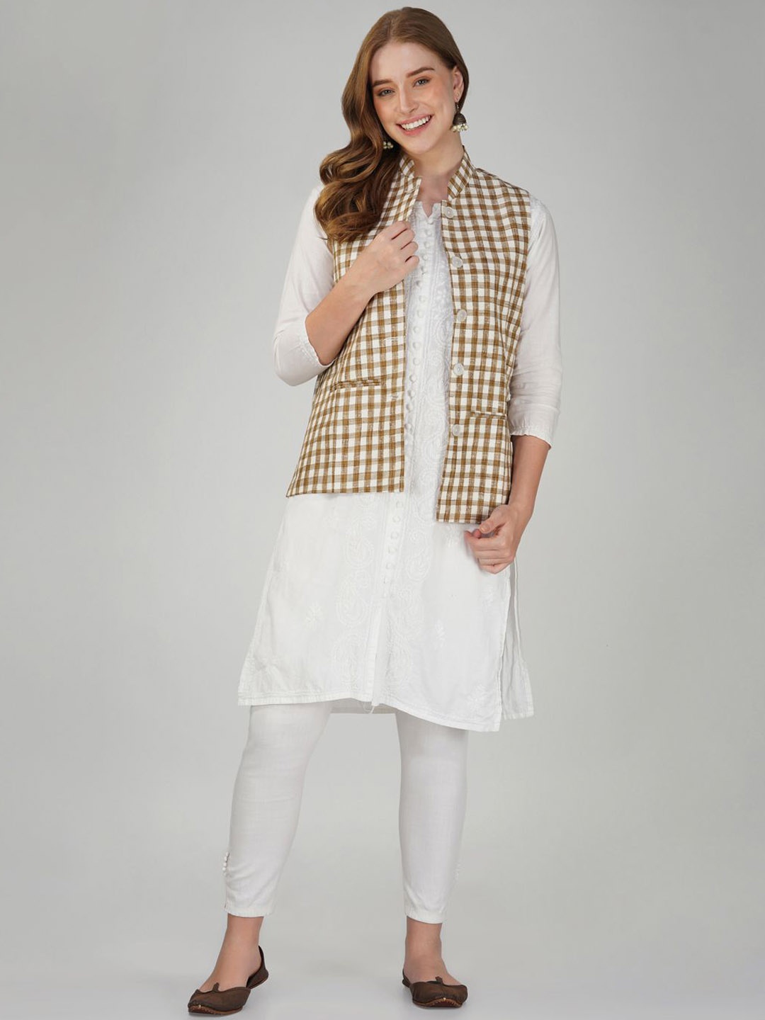 

KALINI Checked Pure Cotton Woven Nehru Jackets, Brown