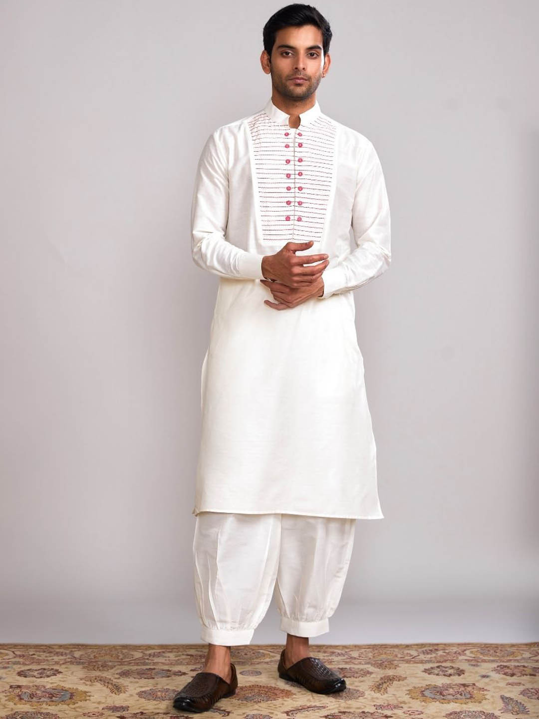 

Abhishti Striped Yoke Design Mandarin Collar Thread Work Straight Kurta with Pathani pants, Cream