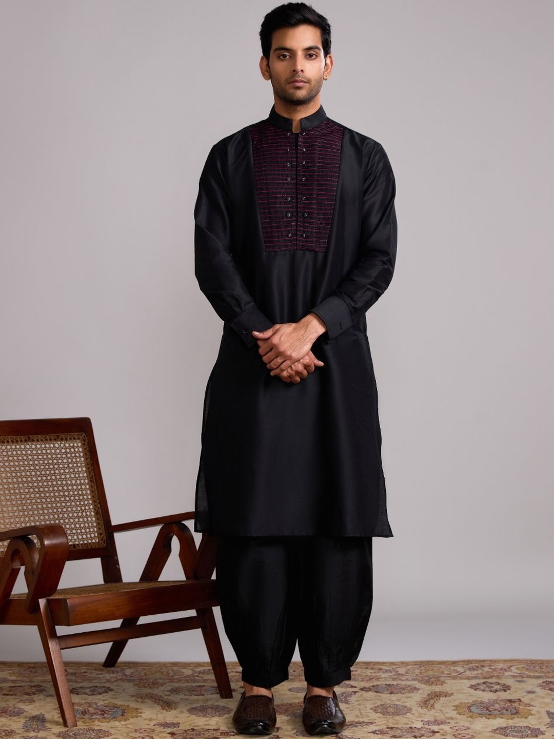 

Abhishti Striped Yoke Design Mandarin Collar Thread Work Straight Kurta with Pathani pants, Black