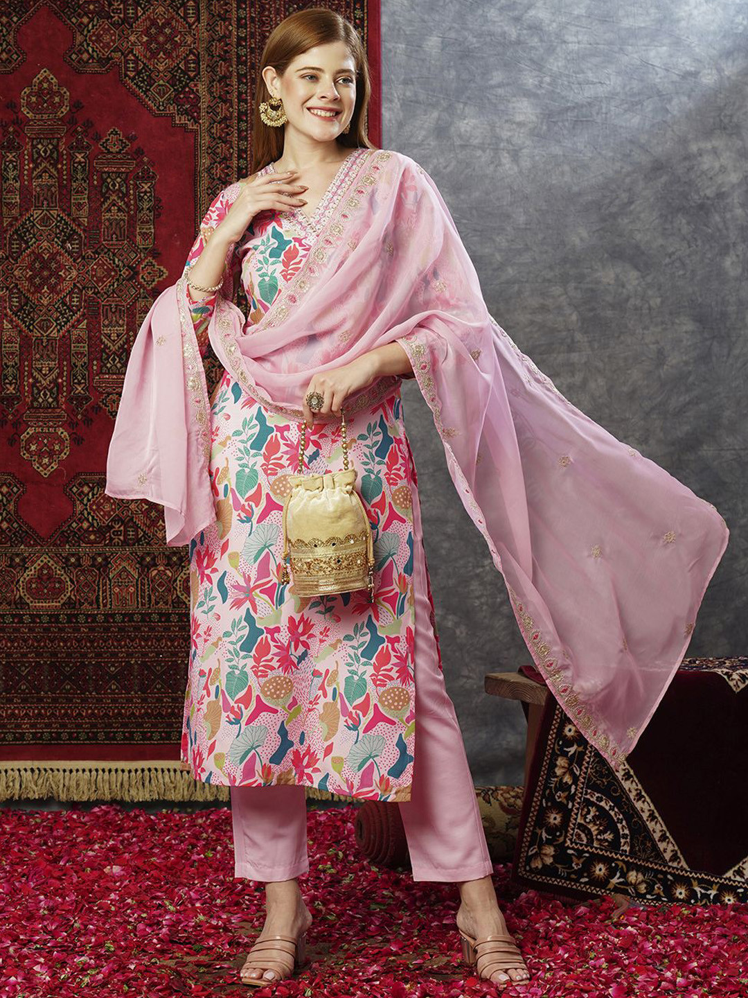 

KALINI Floral Printed V-Neck Sequinned Straight Kurta With Trousers & Dupatta, Pink
