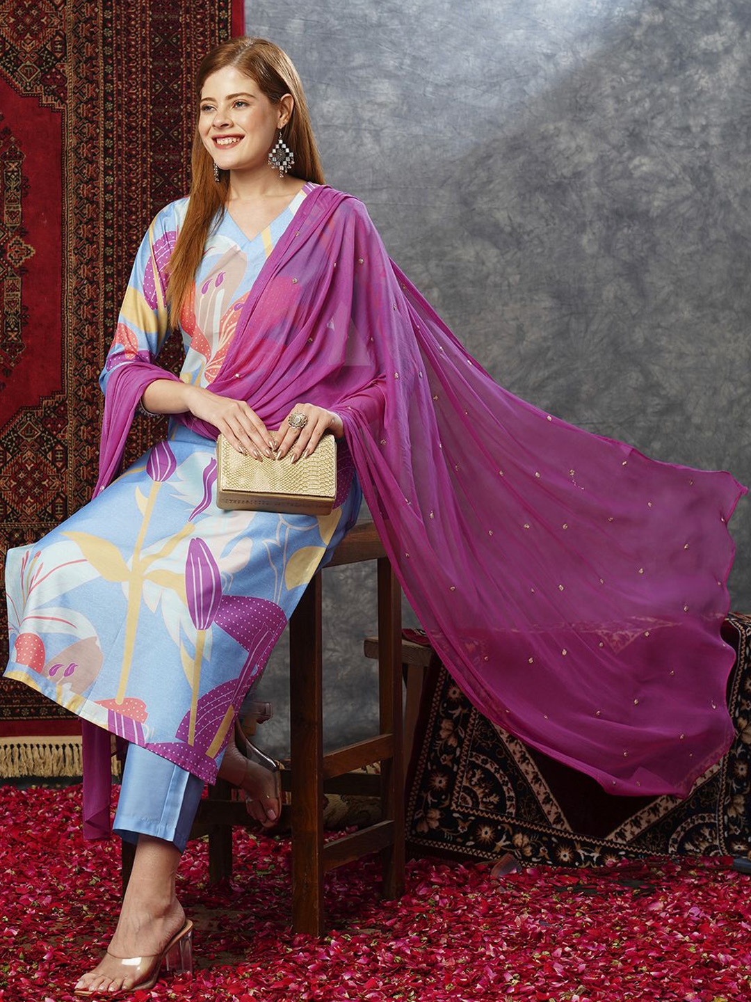 

KALINI Floral Printed Regular Kurta with Trousers & Dupatta, Blue