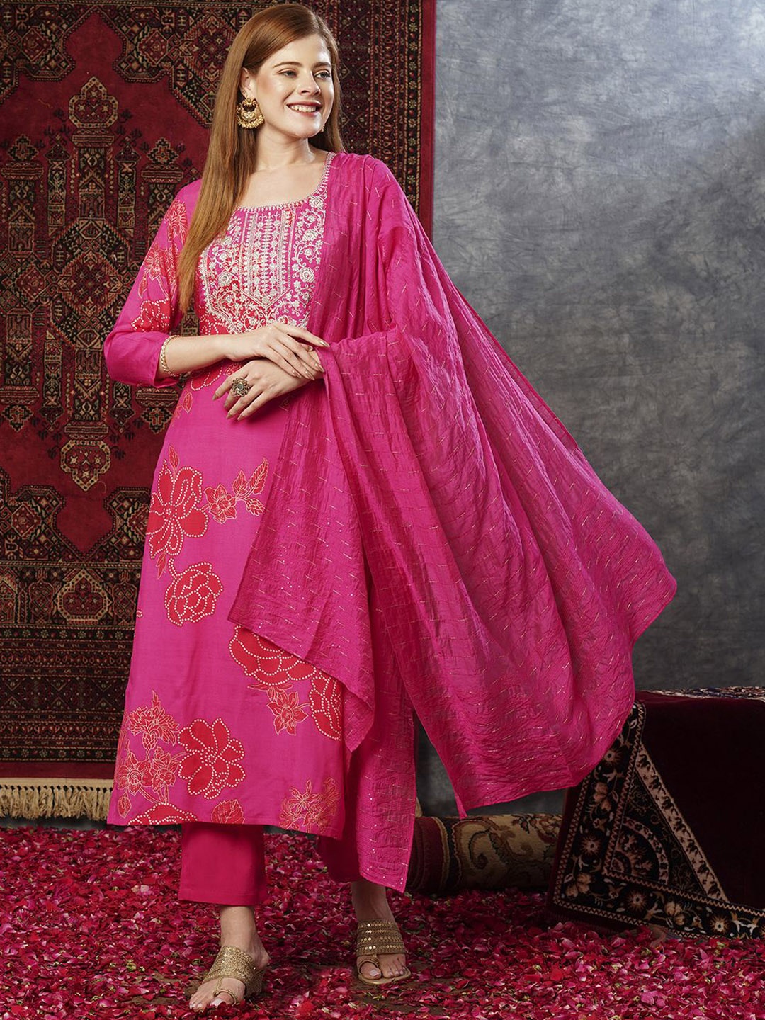 

KALINI Floral Yoke Design Thread Work Straight Kurta With Trousers & Dupatta, Pink