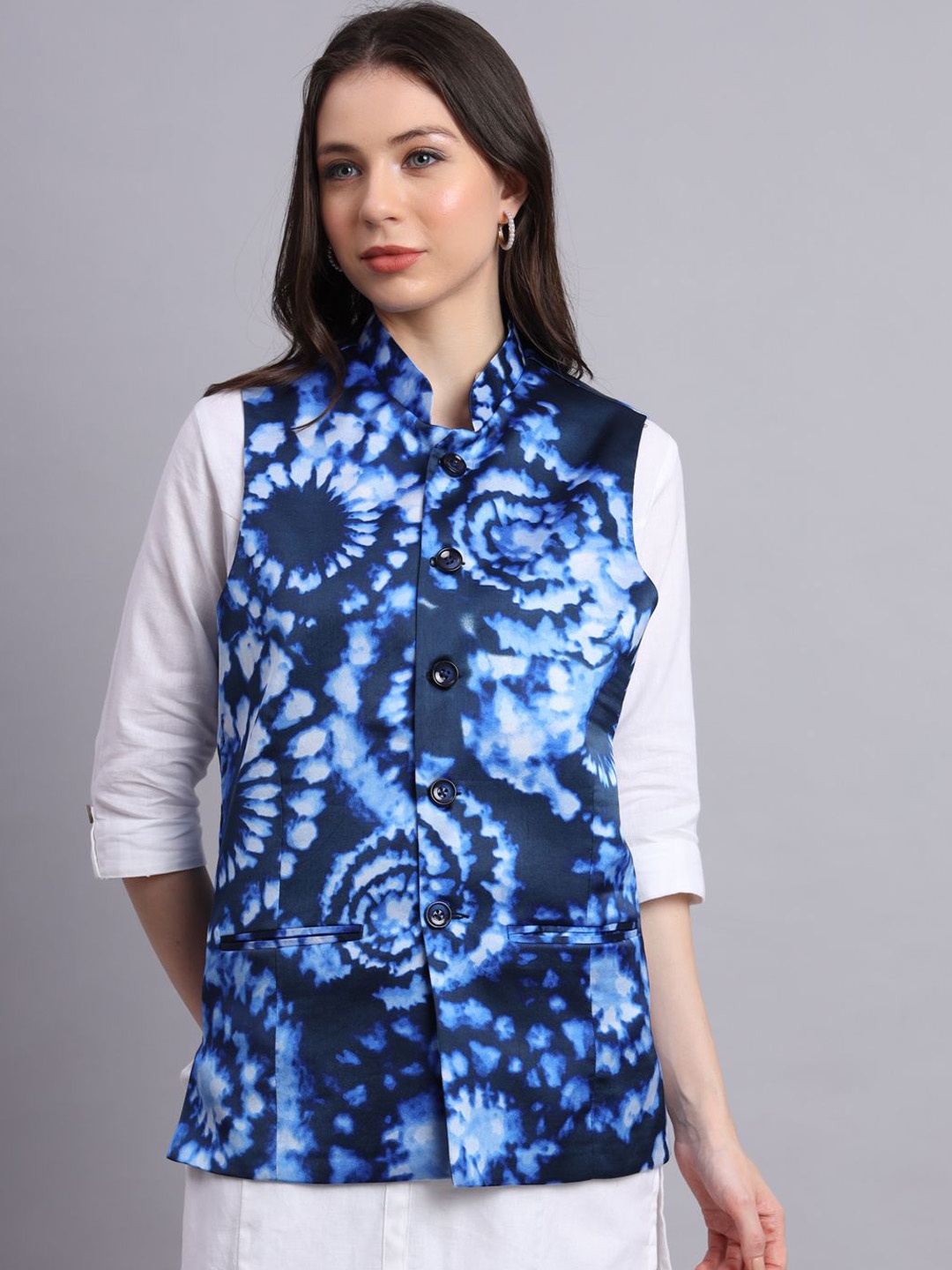 

KALINI Printed Woven Nehru Jackets, Blue