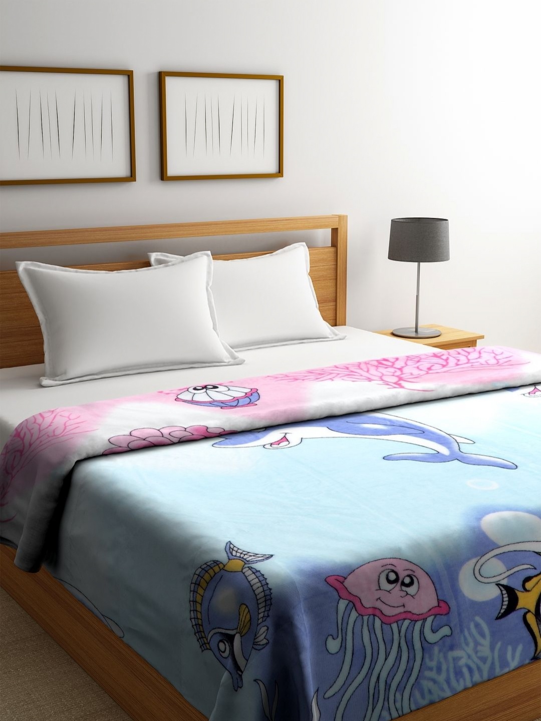 

Aura Blue & Pink Cartoon Characters Microfiber AC Room 120 GSM Double Bed Blanket