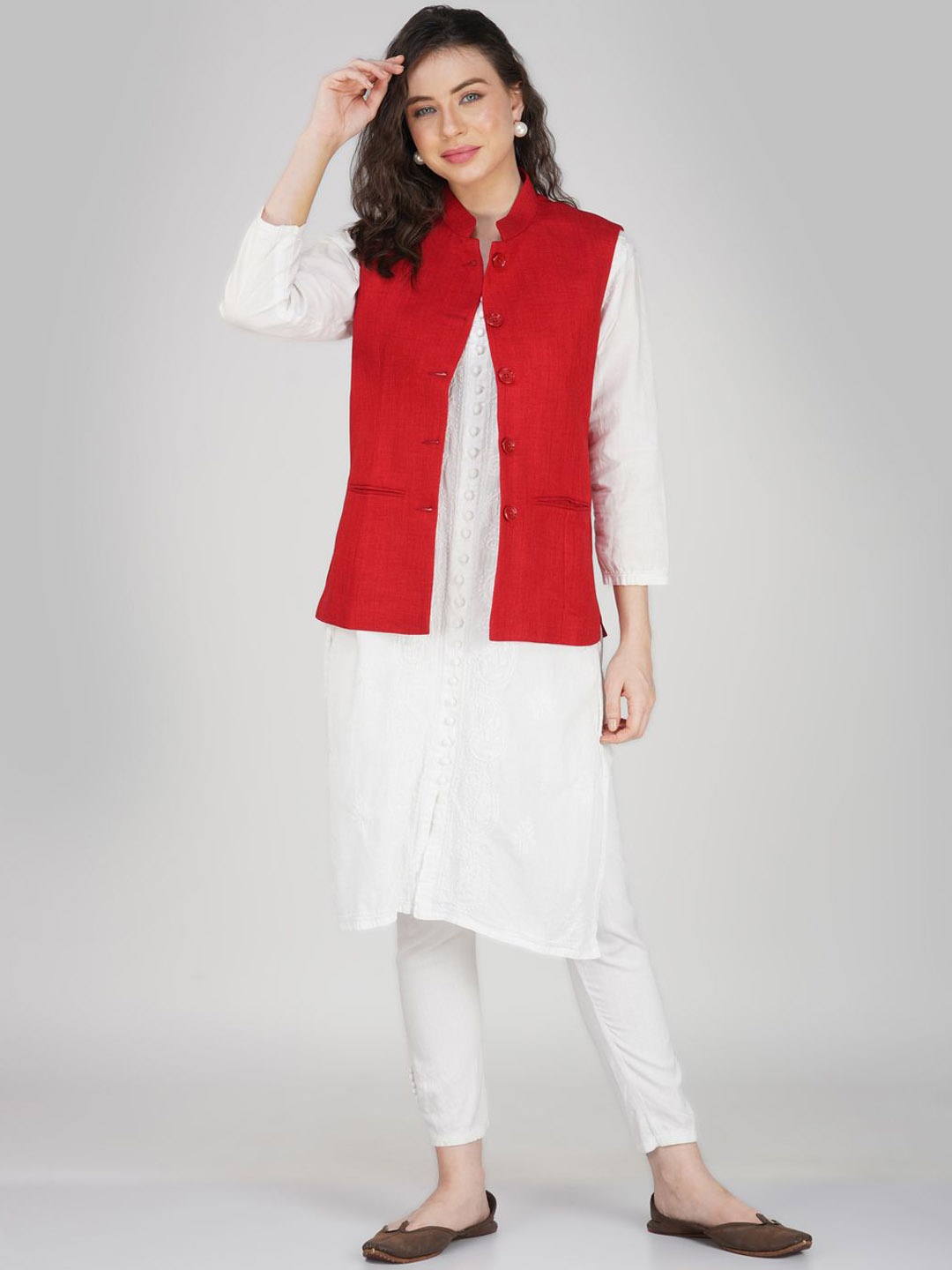 

KALINI Woven Nehru Jacket, Red