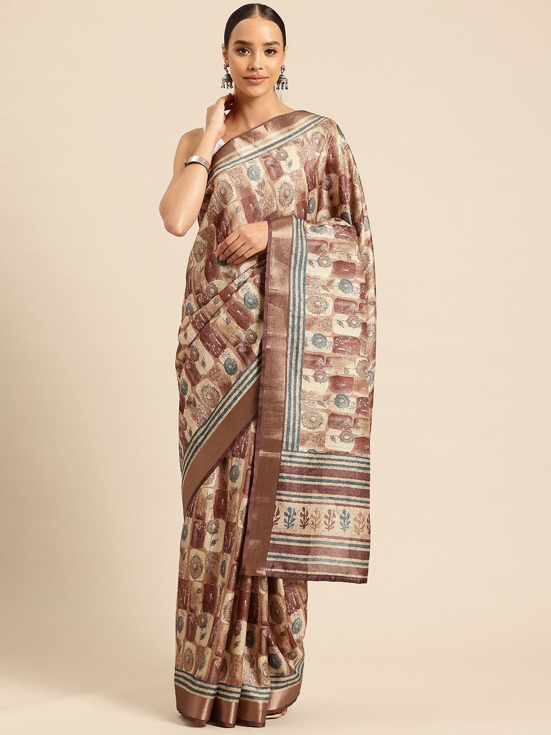 

PBS PRINTS Printed Zari Tussar Saree, Brown