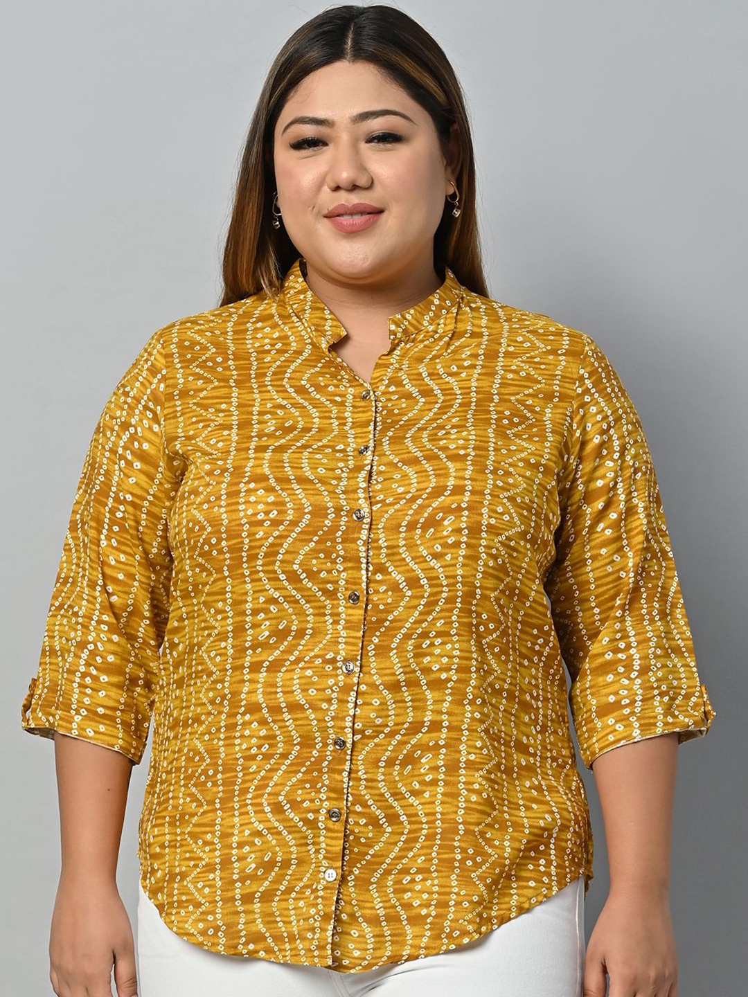 

KALINI Geometric Print Mandarin Collar Ethnic Shirt Style Top, Yellow