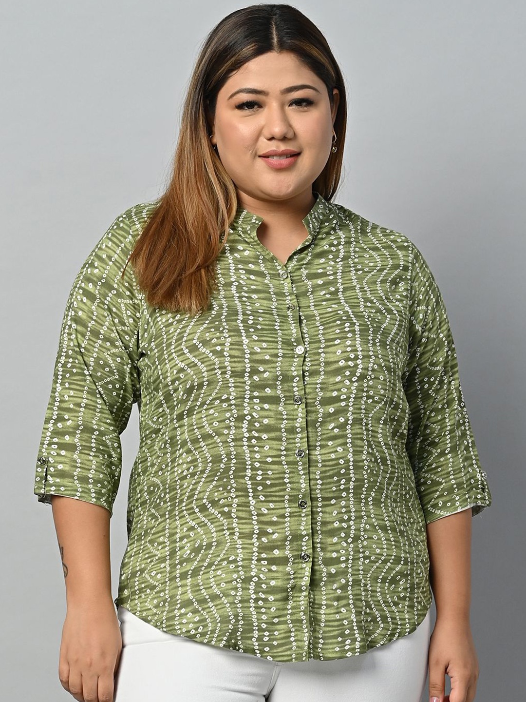 

KALINI Print Mandarin Collar Ethnic Shirt Style Top, Green