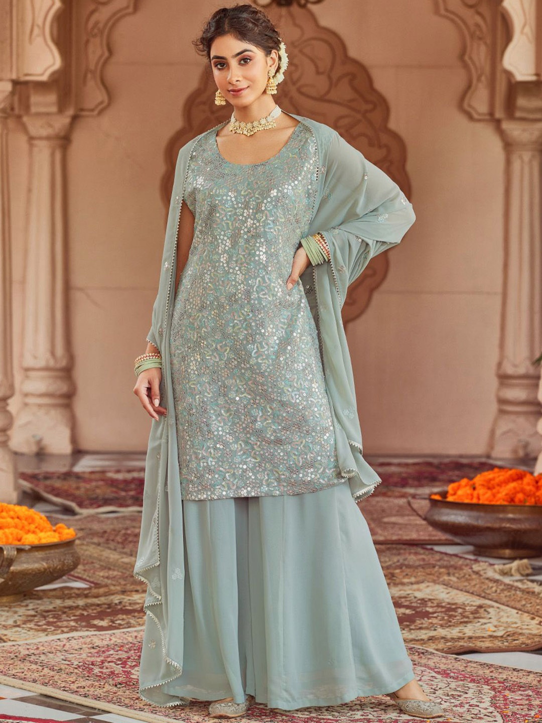 

WOMEN PLUS Women Embroidered Regular Sequinned Kurta with Sharara & With Dupatta, Turquoise blue