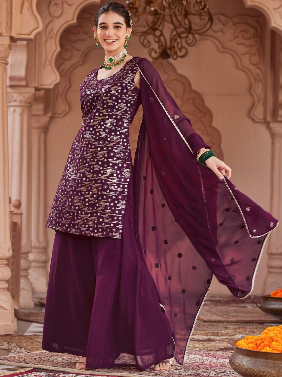 

WOMEN PLUS Women Embroidered Regular Sequinned Kurta with Sharara & With Dupatta, Burgundy