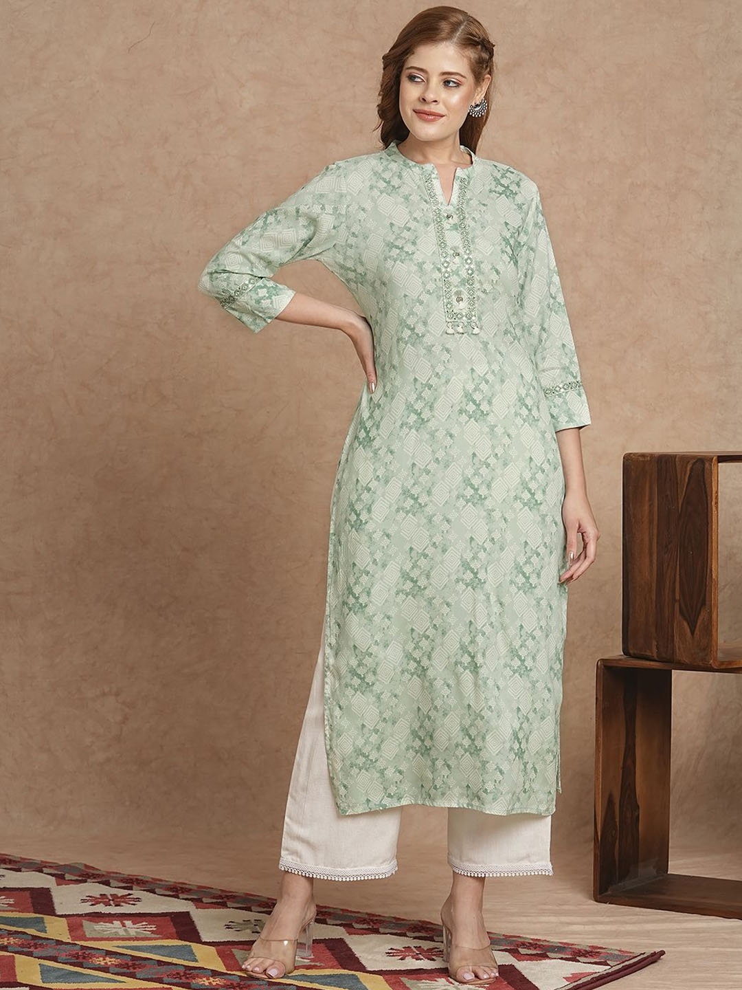 

KALINI Tribal Yoke Design Mirror Work Angrakha Anarkali Kurta, Sea green