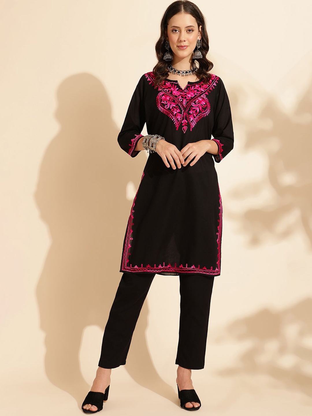 

KALINI Ethnic Motifs Yoke Design Notch Neck Aari Work Cotton Kurta, Black