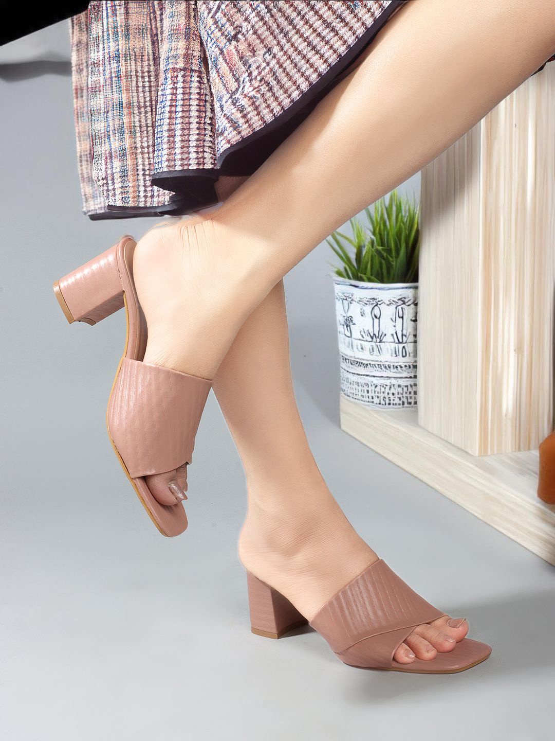 

Mast & Harbour Nude-Coloured Textured Open Toe Block Heels