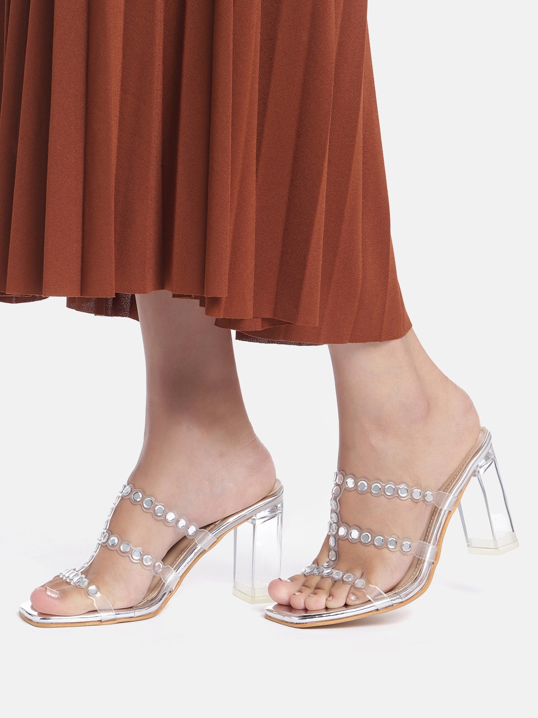 

AXIUM Embellished Party Block Sandals, Silver