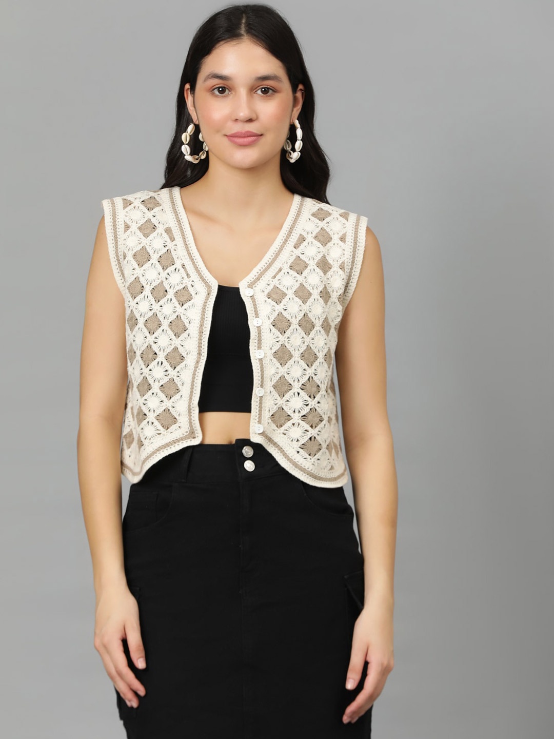 

Kotty Geometric Self Design Crochet V-Neck High-Low Crop Top, Off white