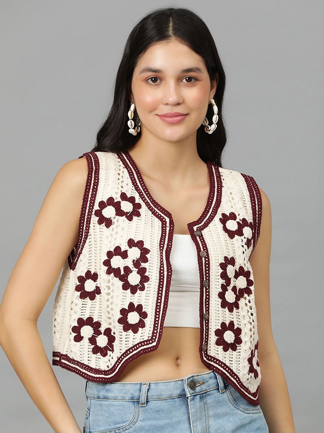 

Kotty Floral Self Design Crochet V-Neck Crop Top, Off white