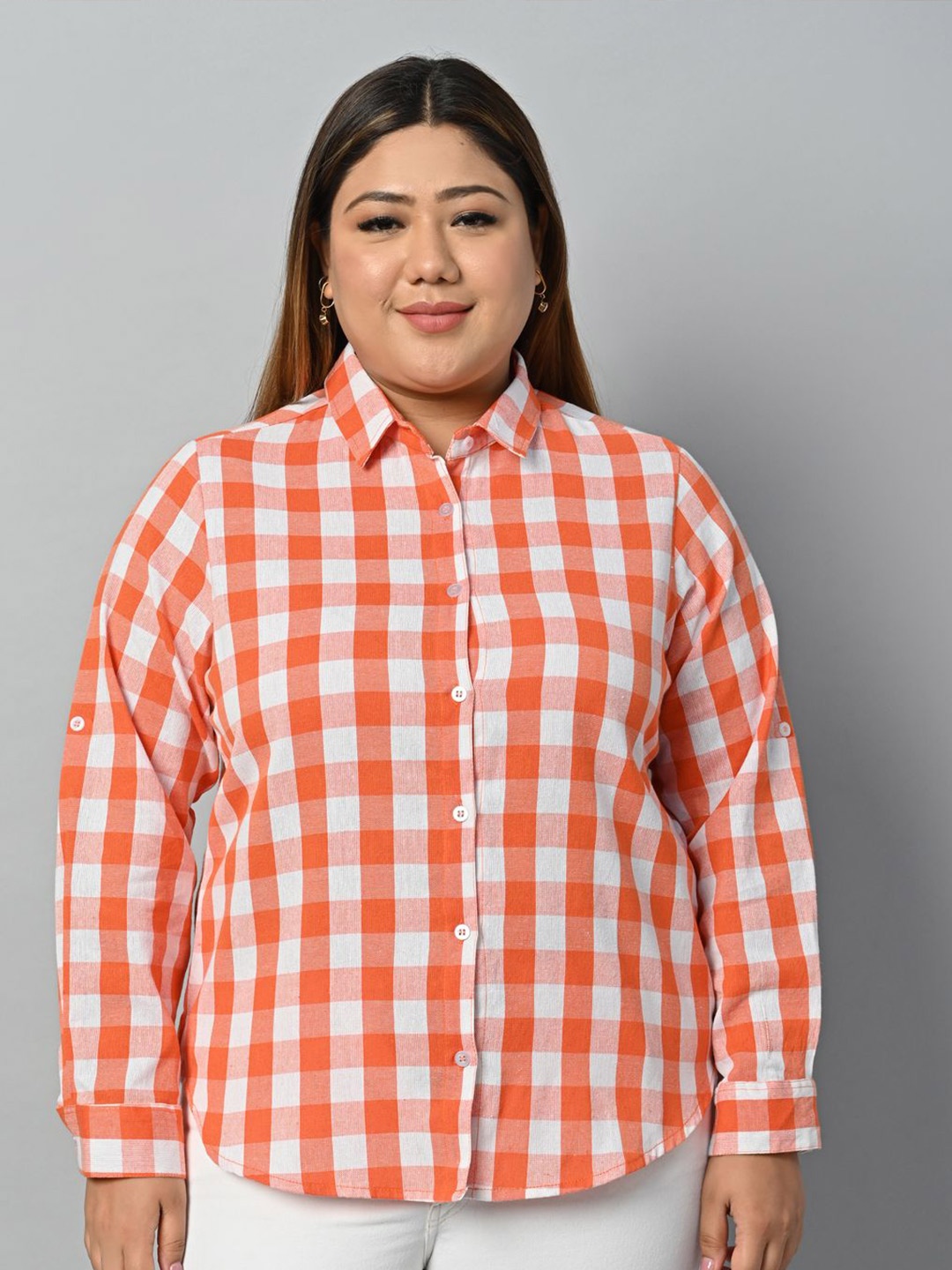 

KALINI Women Comfort Gingham Checks Opaque Checked Casual Shirt, Orange