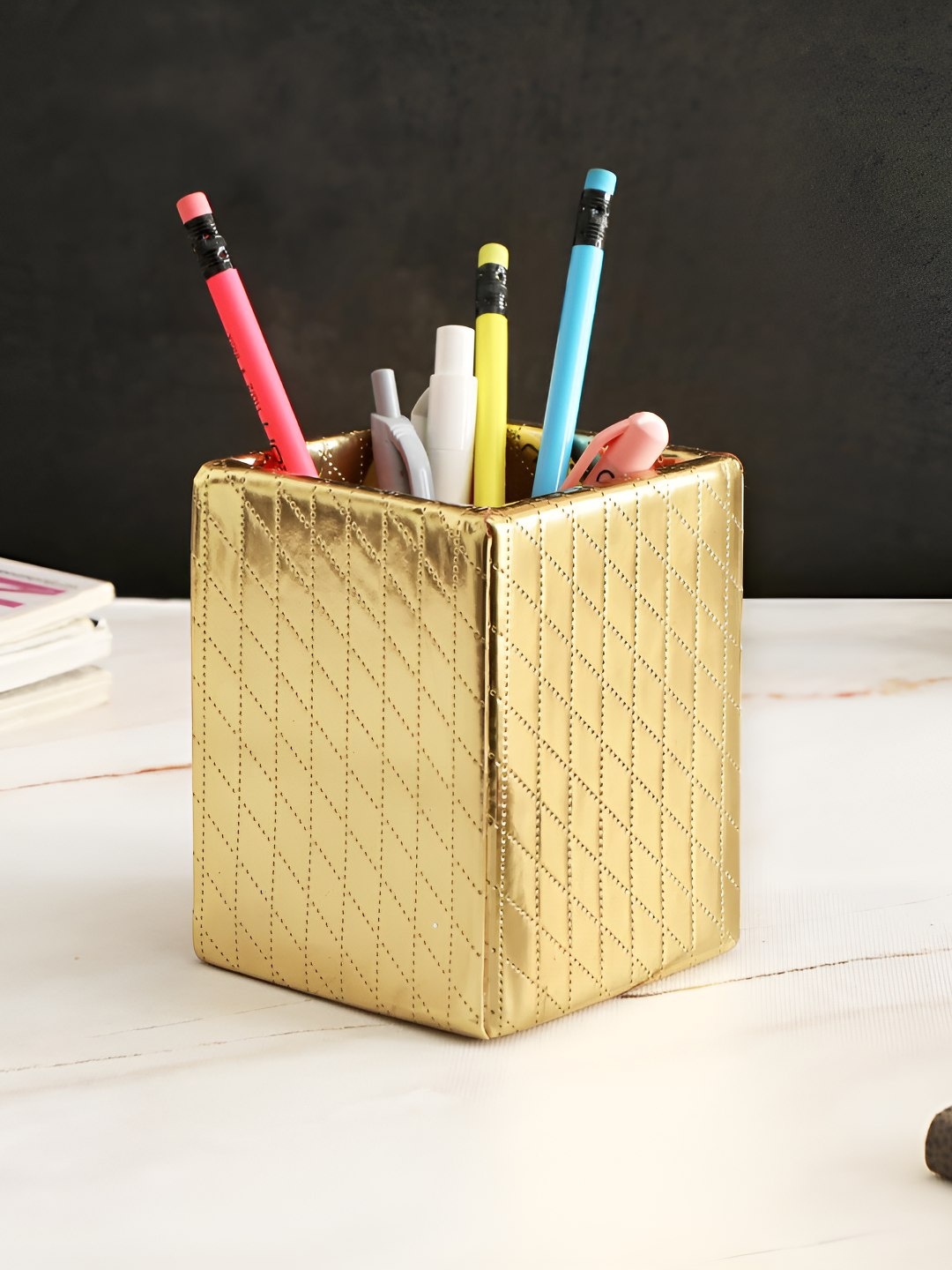 

THE HOME CO. Gold Toned Textured Desk Organiser