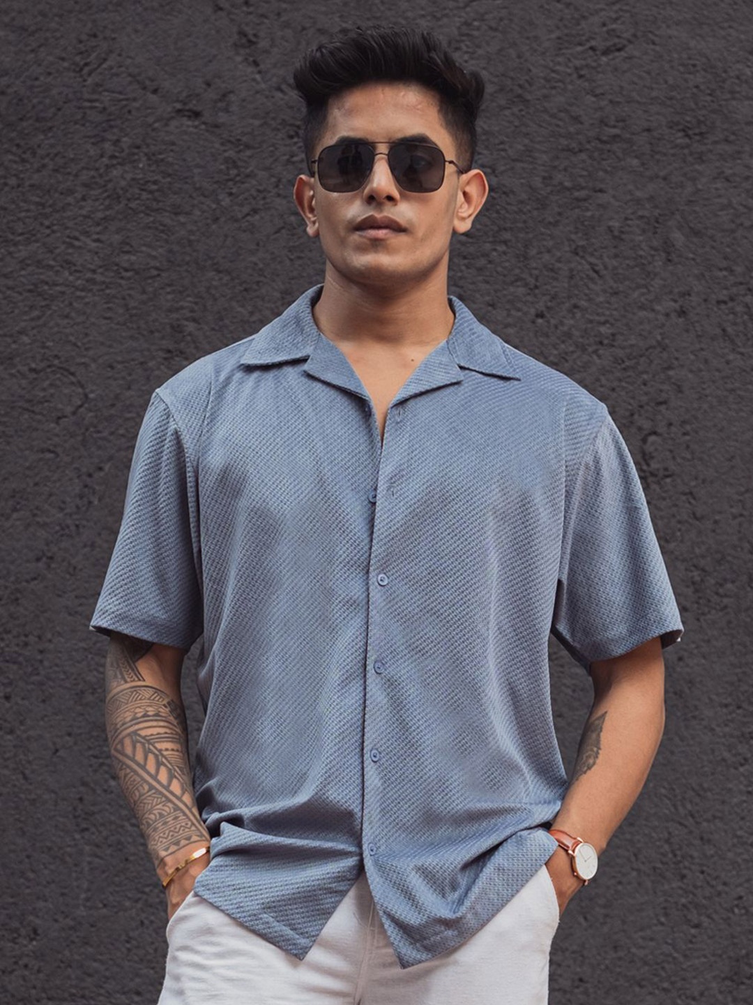 

Powerlook Men Solid Cuban Collar Casual Shirt, Grey