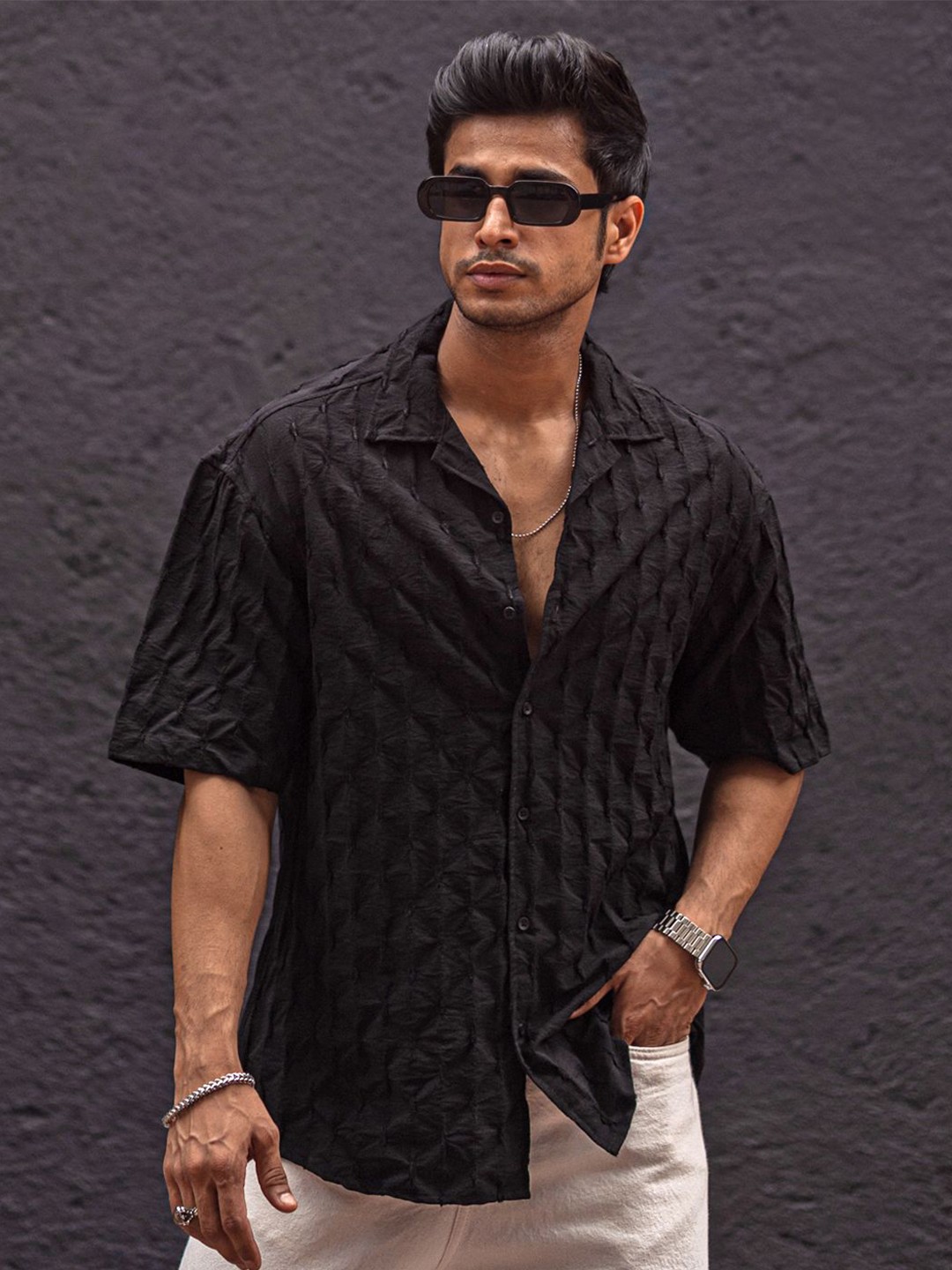 

Powerlook Men Abstract Printed Cuban Collar Casual Shirt, Black