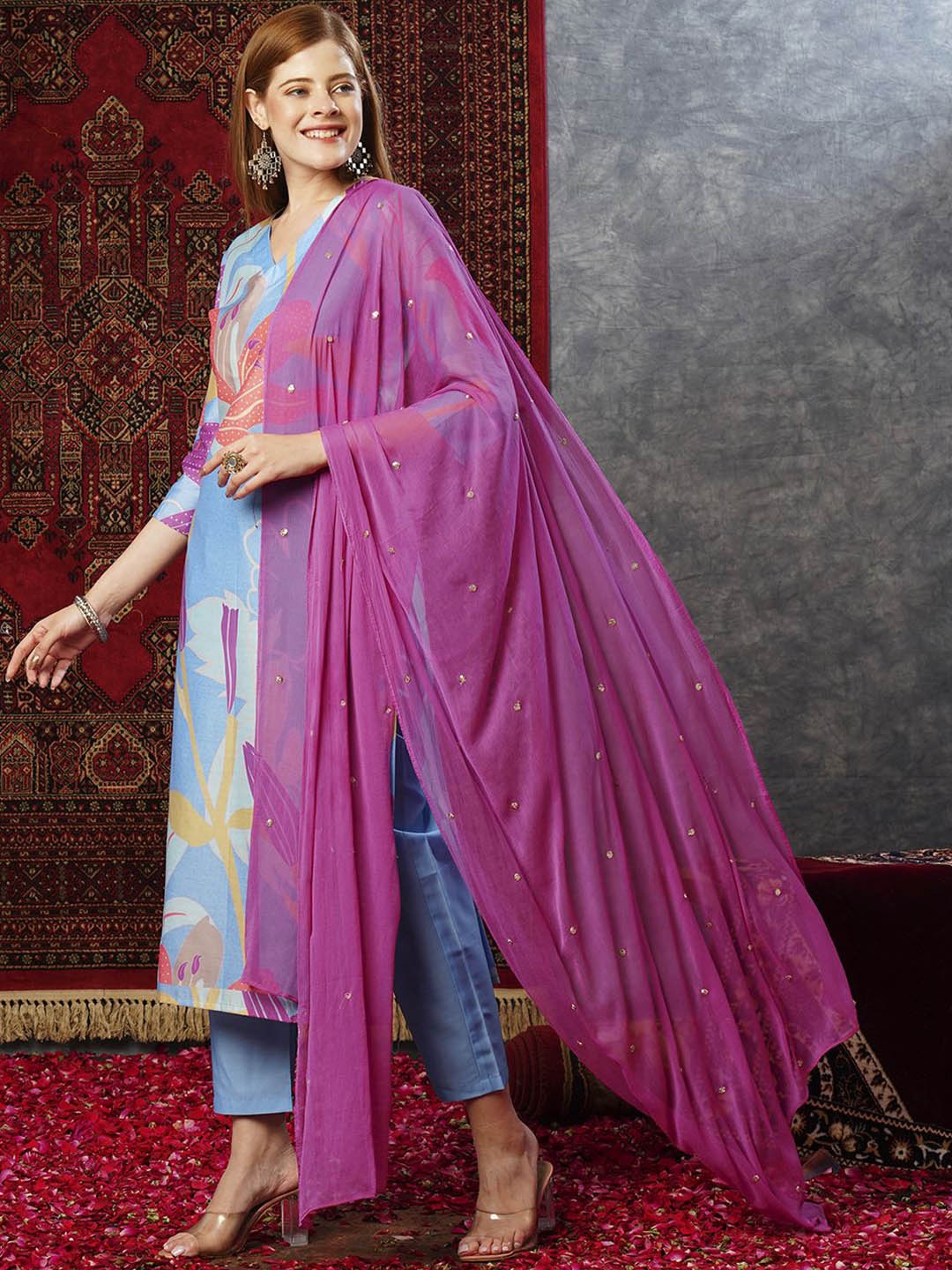 

Anni Designer Floral Printed V-Neck Kurta With Trousers & Dupatta, Blue