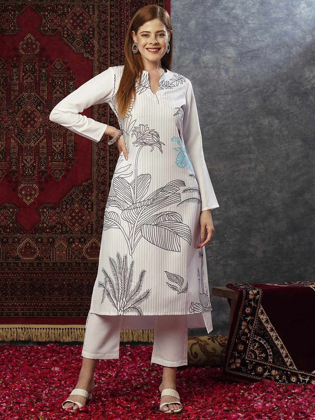 

Anni Designer Ethnic Motifs Printed High-Low Straight Kurta With Palazzos, White