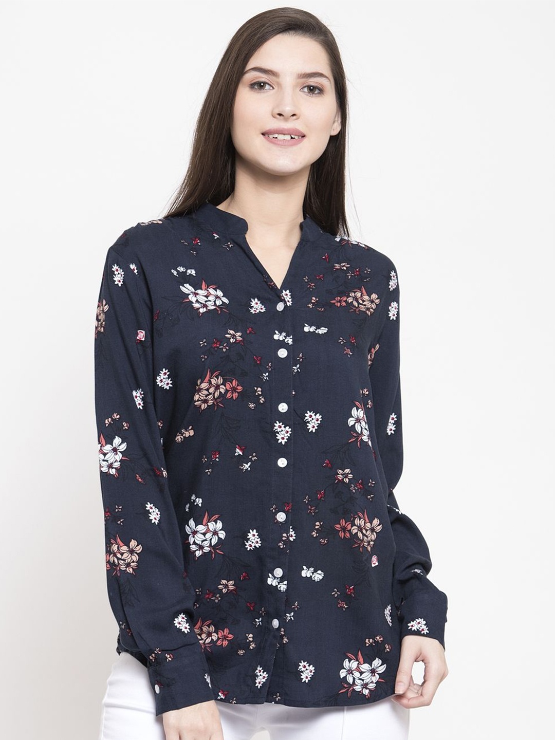 

Purple State Floral Printed Mandarin Collar Cotton Shirt Style Top, Blue