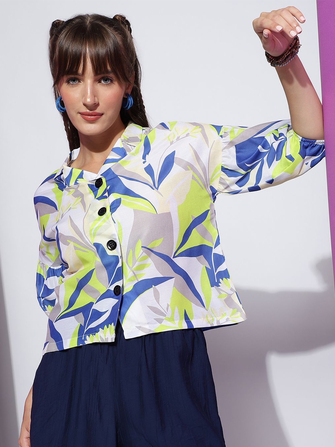 

DressBerry Floral Print Mandarin Collar Shirt Style Top, Green