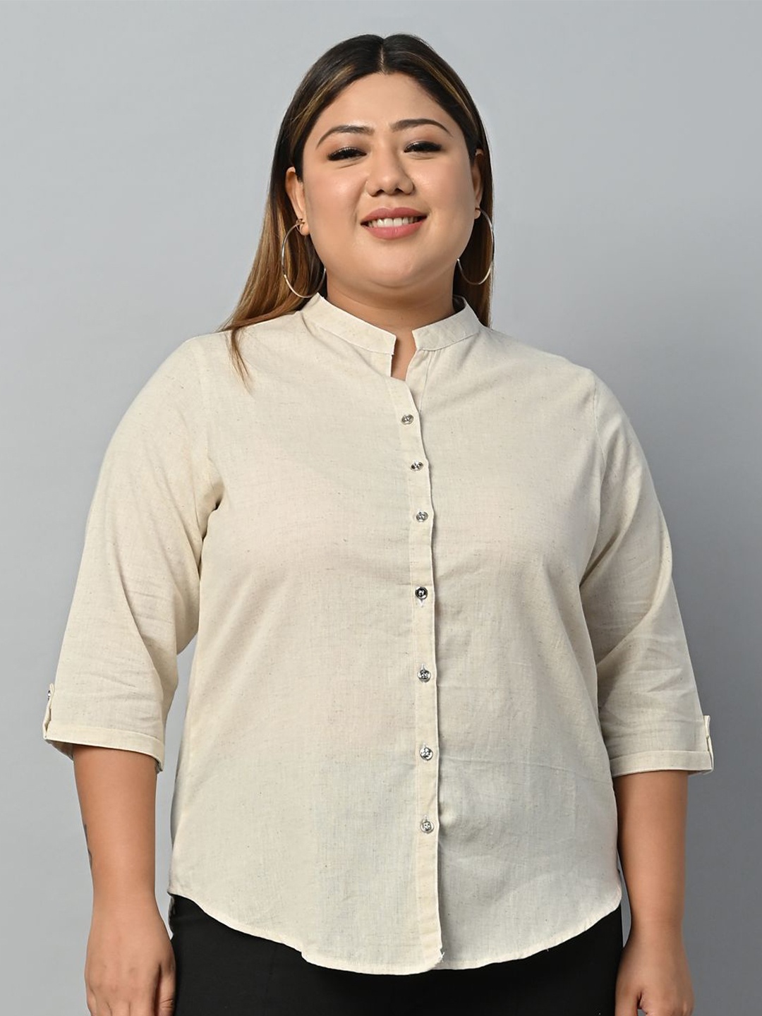 

KALINI Mandarin Collar Cotton Shirt Style Top, Off white