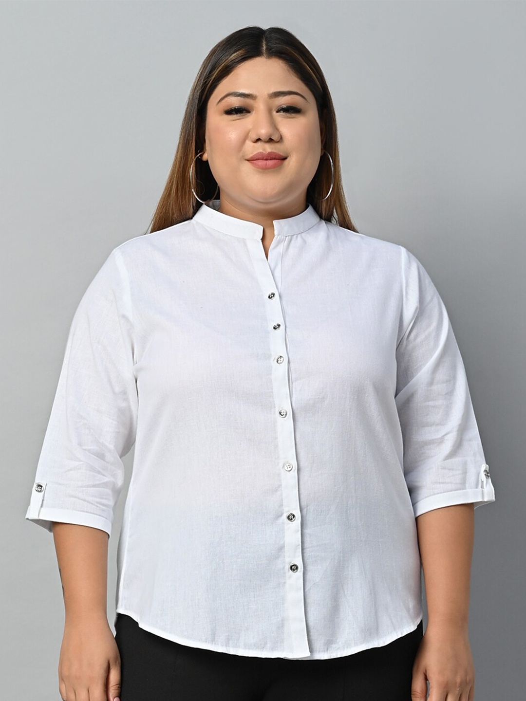 

KALINI Mandarin Collar Cotton Shirt Style Top, White