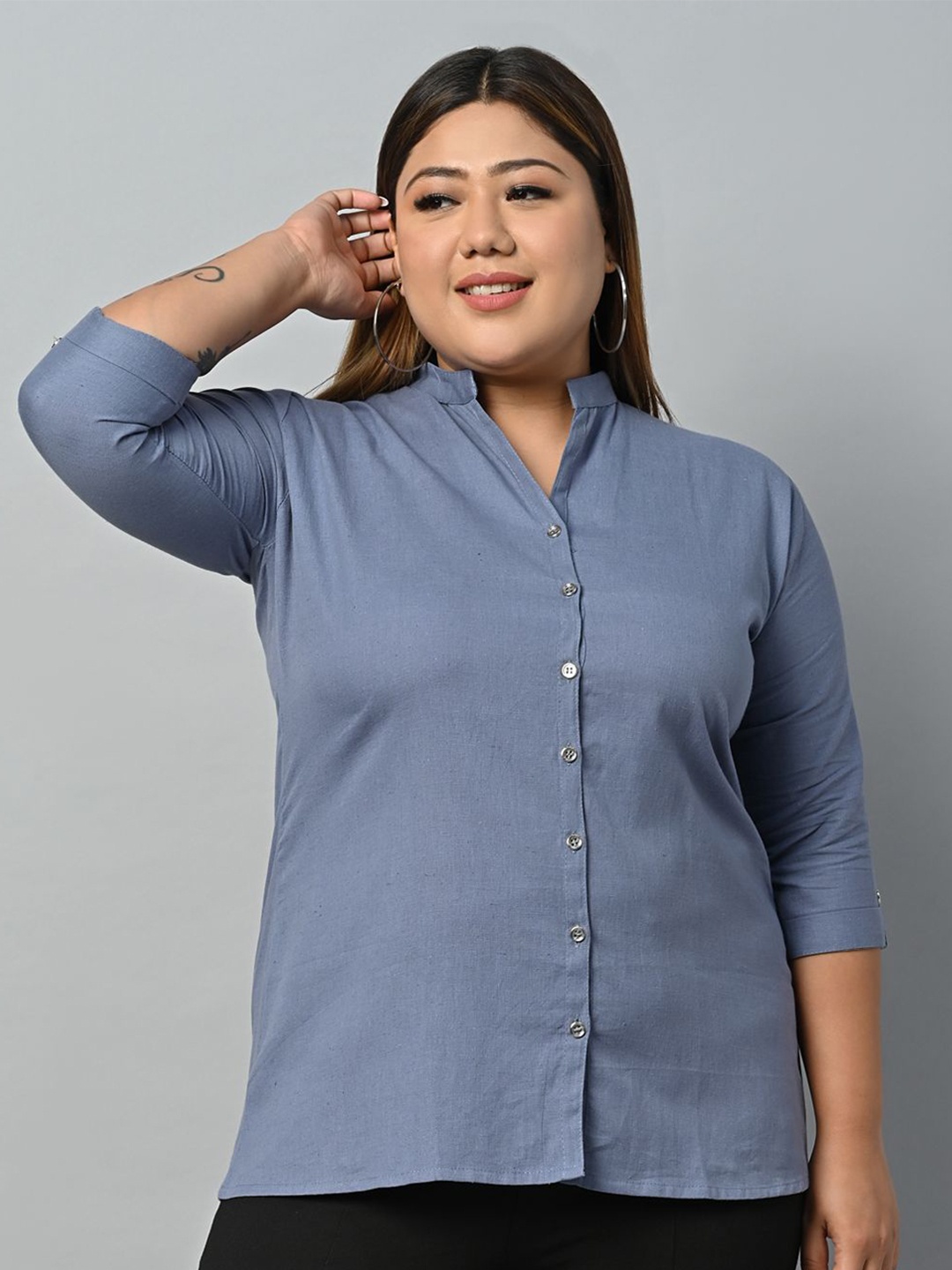 

KALINI Mandarin Collar Cotton Shirt Style Top, Grey