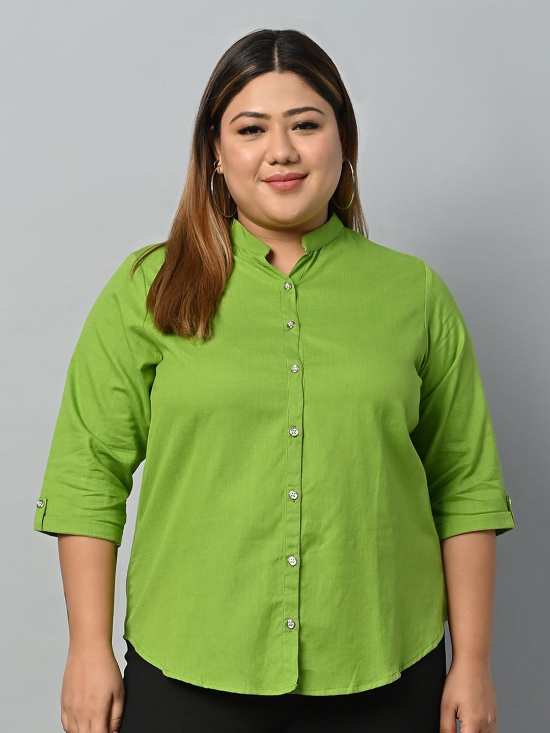 

KALINI Mandarin Collar Cotton Shirt Style Top, Green