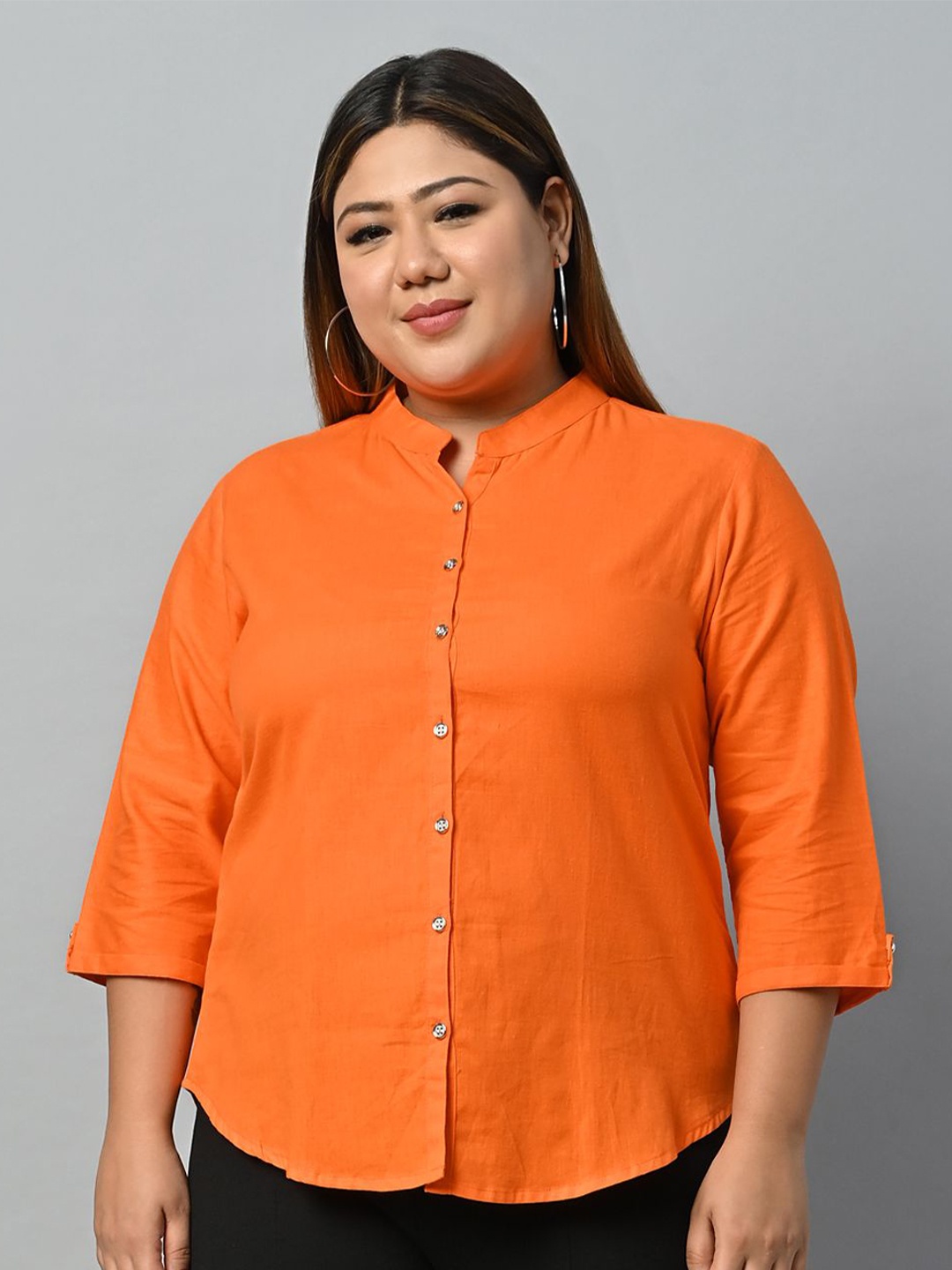 

KALINI Mandarin Collar Cotton Shirt Style Top, Orange