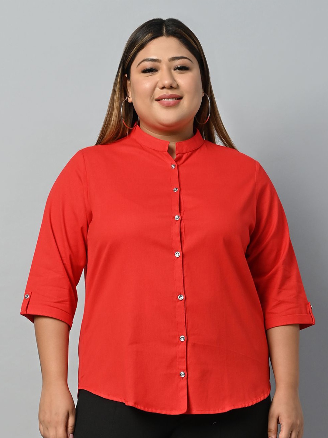 

KALINI Mandarin Collar Cotton Shirt Style Top, Red