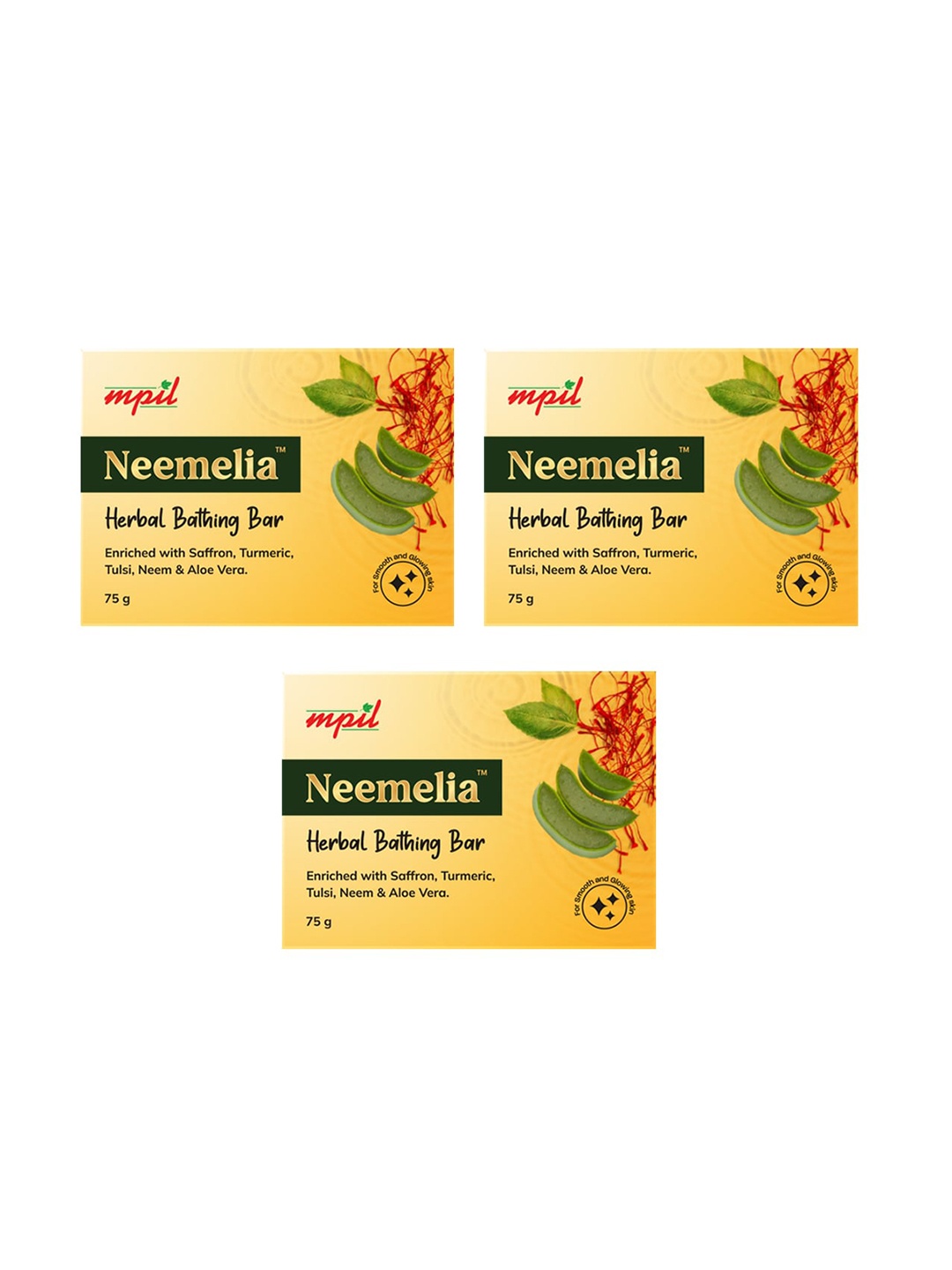 

MPIL WELLNESS Set of 3 Neemelia Herbal Bathing Bar with Saffron & Turmeric - 75 g each, Yellow
