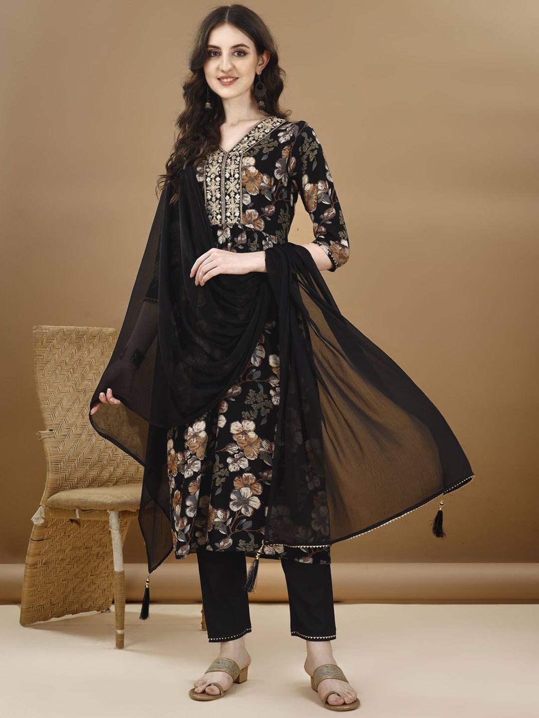 

KALINI Floral Printed Sequinned Kurta with Trousers & Dupatta, Black