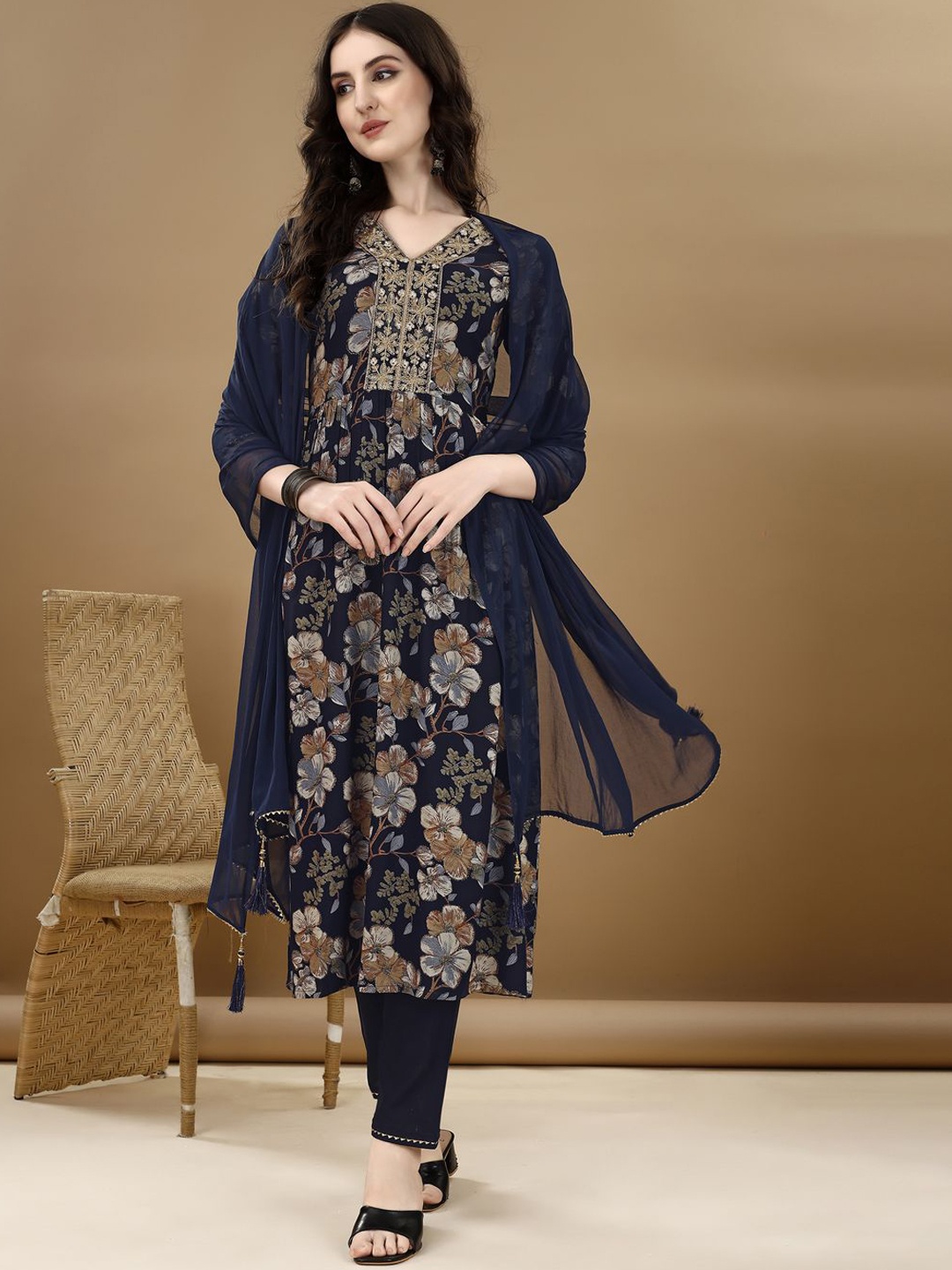 

KALINI Floral Printed Sequinned Kurta with Trousers & Dupatta, Navy blue