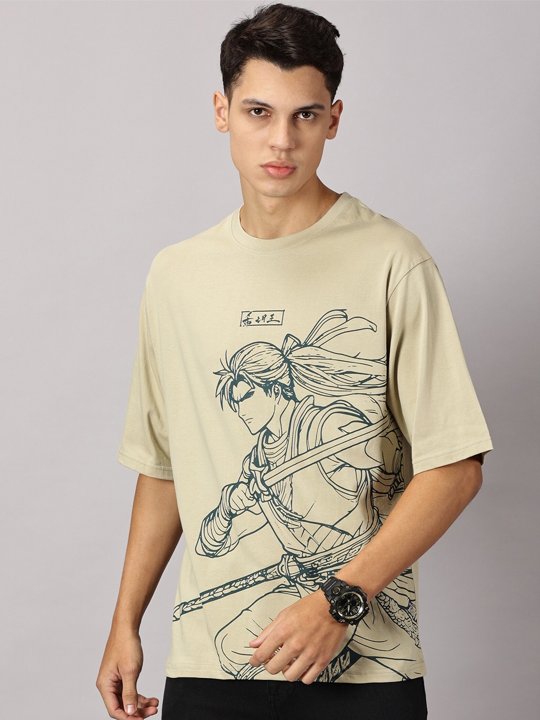 

THE HOLLANDER Men Graphic Printed Round Neck Cotton Drop-Shoulder Oversized T-shirt, Taupe