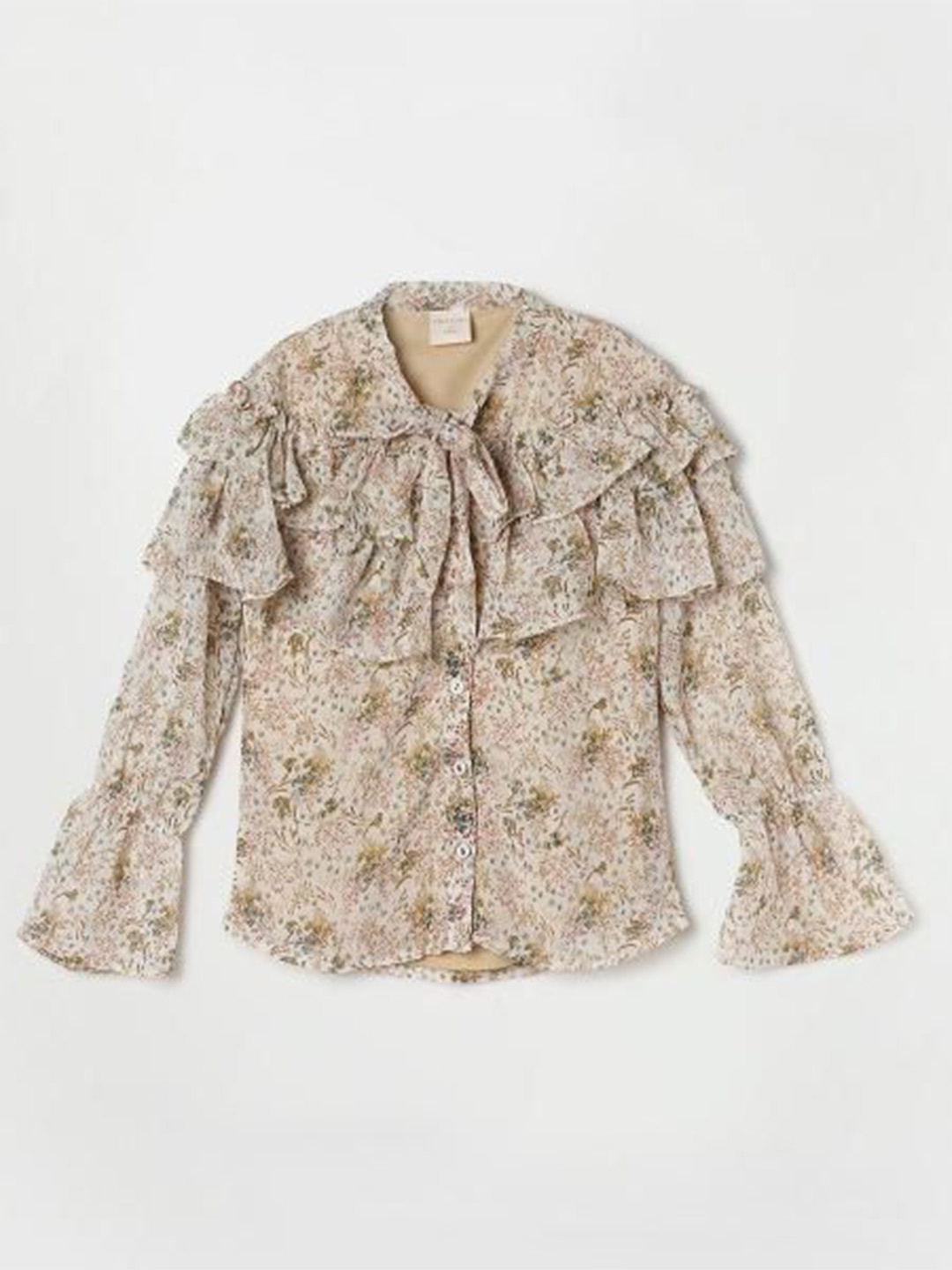 

Tiny Girl Floral Print Mandarin Collar Bell Sleeve Top, Khaki